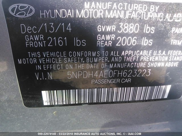 5NPDH4AE0FH623223 - 2015 HYUNDAI ELANTRA SE/SPORT/LIMITED GRAY photo 9