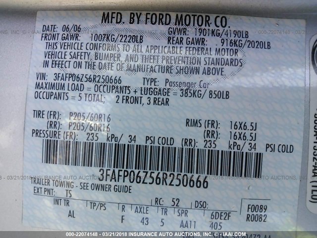 3FAFP06Z56R250666 - 2006 FORD FUSION S GRAY photo 9