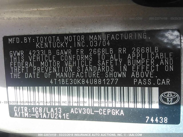 4T1BE30K84U881277 - 2004 TOYOTA CAMRY LE/XLE/SE SILVER photo 9