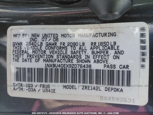 1NXBU40EX9Z076438 - 2009 TOYOTA COROLLA S/LE/XLE GRAY photo 9