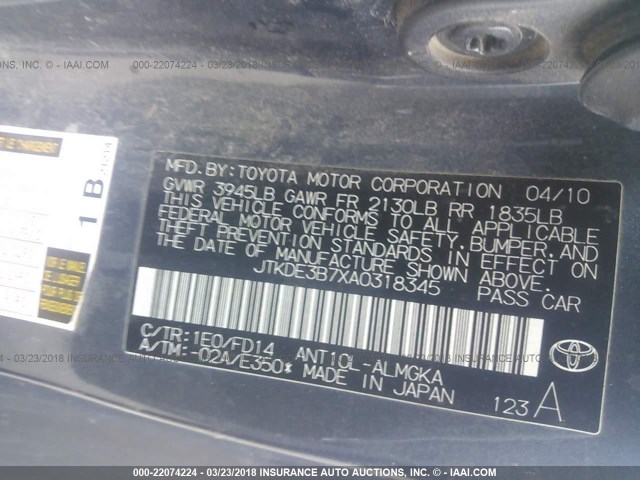 JTKDE3B7XA0318345 - 2010 TOYOTA SCION TC 黑色 照片 9