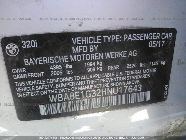 WBA8E1G32HNU17643 - 2017 BMW 320 I SILVER photo 9