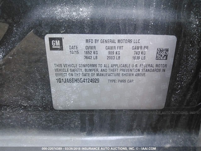 1G1JA6SH5G4124929 - 2016 CHEVROLET SONIC LS 灰色 照片 9