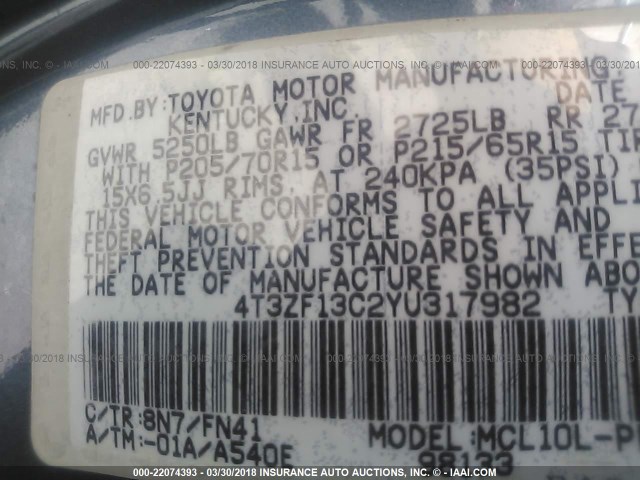 4T3ZF13C2YU317982 - 2000 TOYOTA SIENNA LE/XLE BLUE photo 9