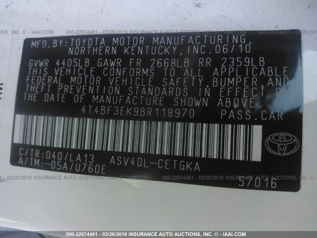 4T4BF3EK9BR118970 - 2011 TOYOTA CAMRY SE/LE/XLE BLACK photo 9