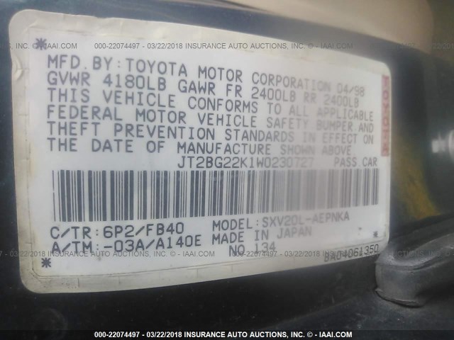 JT2BG22K1W0230727 - 1998 TOYOTA CAMRY CE/LE/XLE GREEN photo 9