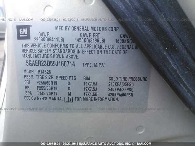 5GAER23D59J160714 - 2009 BUICK ENCLAVE CXL 金色 照片 9