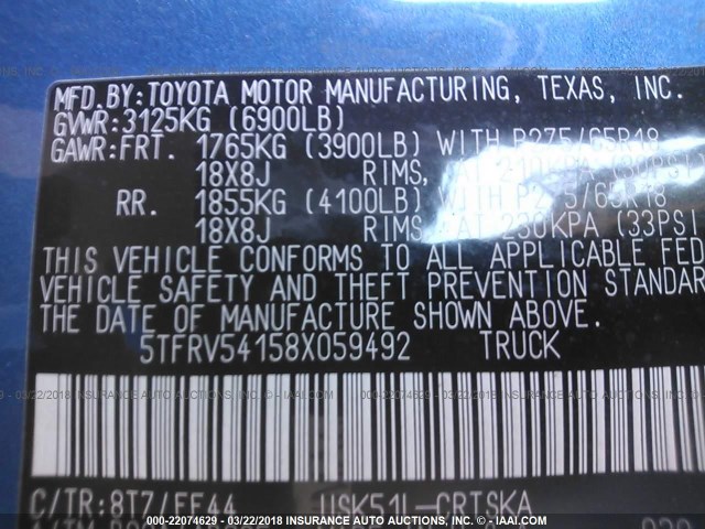 5TFRV54158X059492 - 2008 TOYOTA TUNDRA DOUBLE CAB/DOUBLE CAB SR5 Dark Blue photo 9