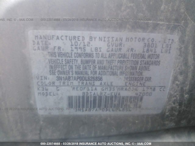 3N1AB7AP0DL626856 - 2013 NISSAN SENTRA S/SV/SR/SL GRAY photo 9