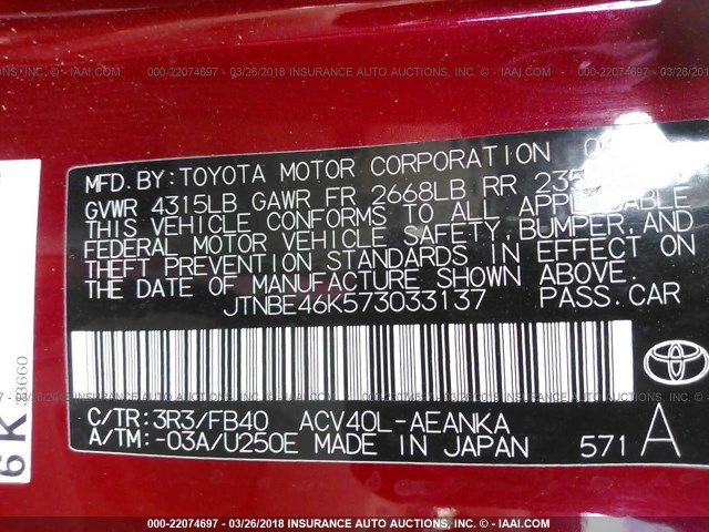 JTNBE46K573033137 - 2007 TOYOTA CAMRY NEW GENERAT CE/LE/XLE/SE RED photo 9