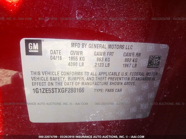 1G1ZE5STXGF280166 - 2016 CHEVROLET MALIBU LT RED photo 9