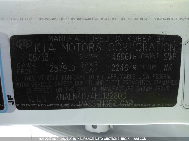 KNALN4D74E5132800 - 2014 KIA CADENZA PREMIUM/LIMITED WHITE photo 9