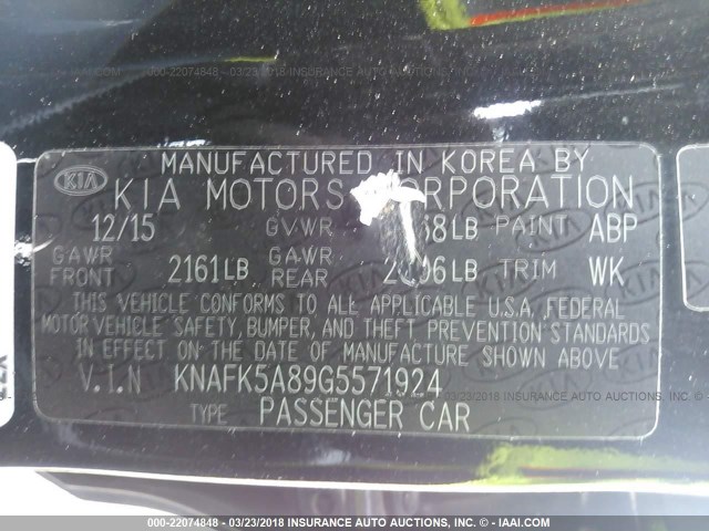 KNAFK5A89G5571924 - 2016 KIA FORTE LX BLACK photo 9