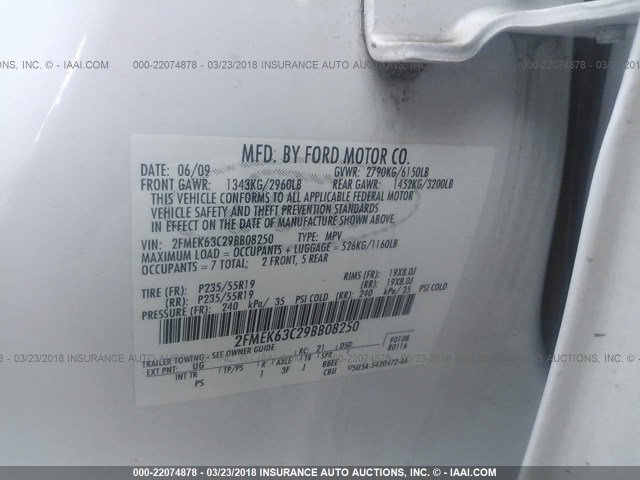 2FMEK63C29BB08250 - 2009 FORD FLEX LIMITED WHITE photo 9