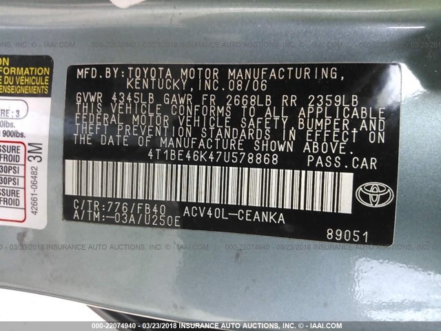 4T1BE46K47U578868 - 2007 TOYOTA CAMRY NEW GENERAT CE/LE/XLE/SE Light Blue photo 9