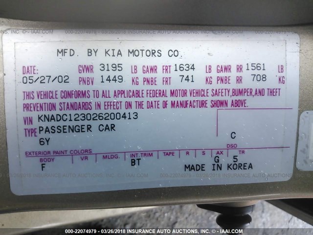 KNADC123026200413 - 2002 KIA RIO GOLD photo 9