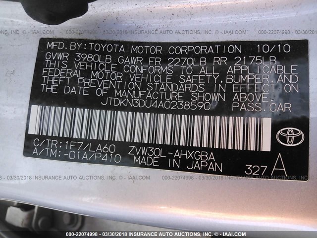 JTDKN3DU4A0238590 - 2010 TOYOTA PRIUS SILVER photo 9