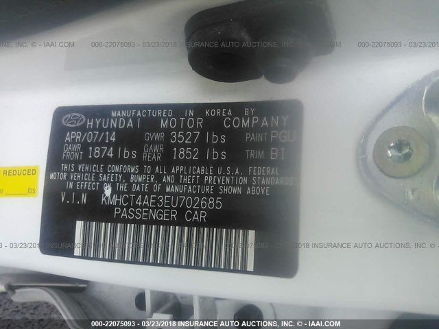 KMHCT4AE3EU702685 - 2014 HYUNDAI ACCENT GLS/GS WHITE photo 9