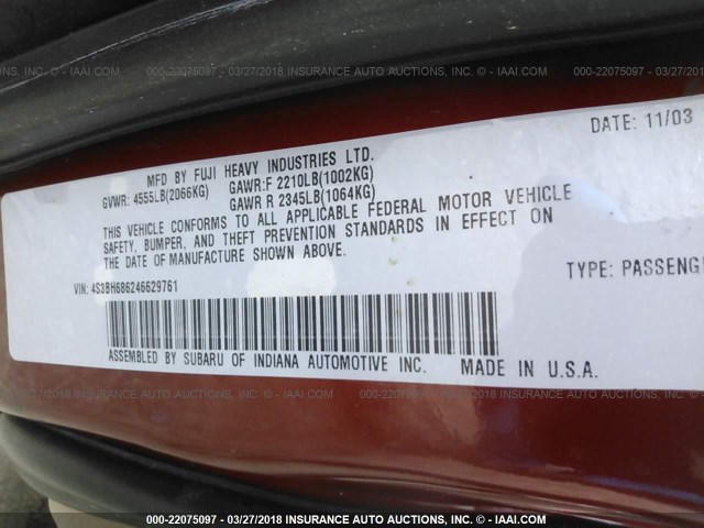 4S3BH686246629761 - 2004 SUBARU LEGACY OUTBACK LIMITED RED photo 9