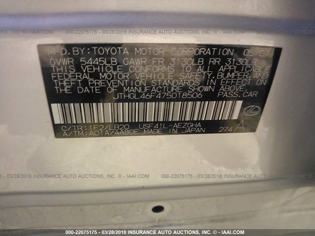 JTHGL46F475018506 - 2007 LEXUS LS 460L SILVER photo 9