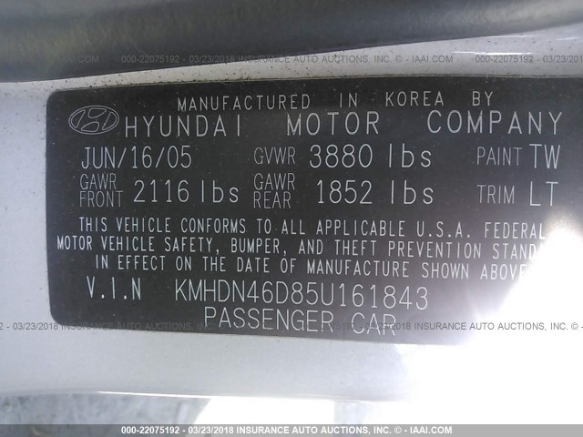 KMHDN46D85U161843 - 2005 HYUNDAI ELANTRA GLS/GT SILVER photo 9