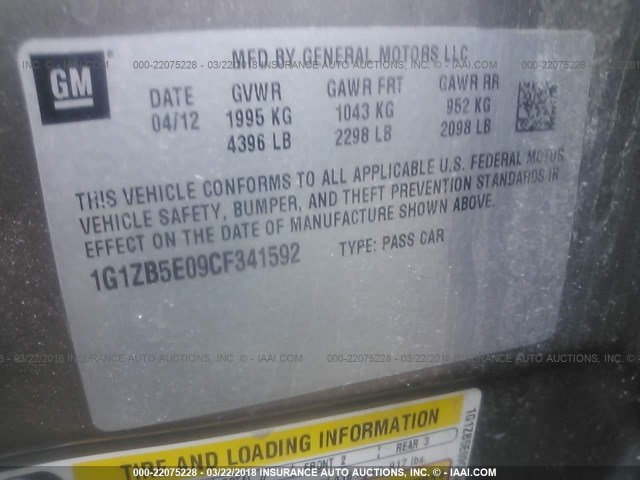 1G1ZB5E09CF341592 - 2012 CHEVROLET MALIBU LS ყავისფერი ფოტო 9