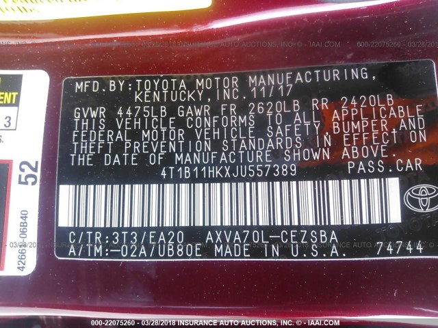 4T1B11HKXJU557389 - 2018 TOYOTA CAMRY L/LE/XLE/SE/XSE RED photo 9