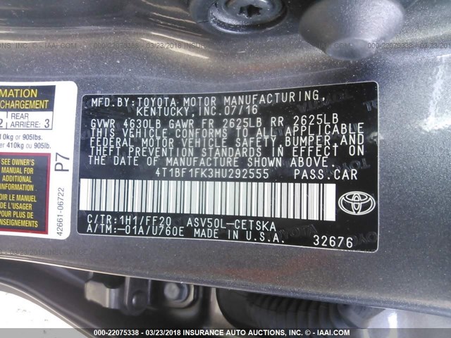 4T1BF1FK3HU292555 - 2017 TOYOTA CAMRY LE/XLE/SE/XSE GRAY photo 9