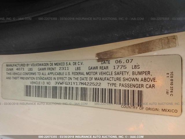 3VWFG31Y17M422522 - 2007 VOLKSWAGEN NEW BEETLE TRIPLE WHITE WHITE photo 9