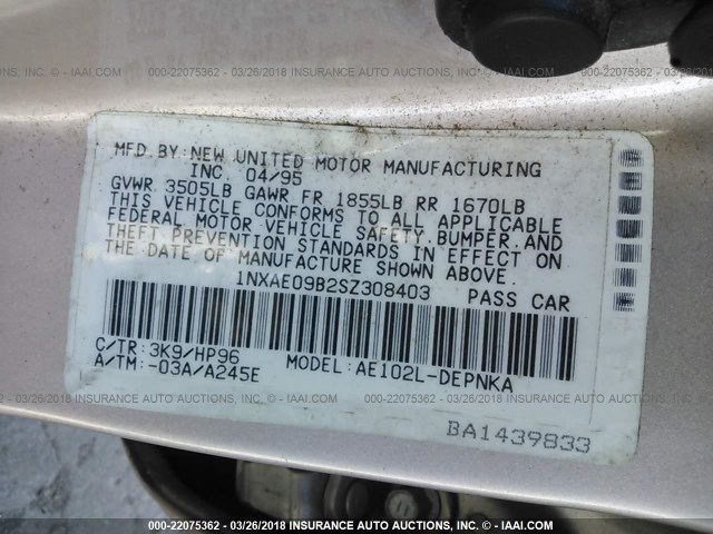 1NXAE09B2SZ308403 - 1995 TOYOTA COROLLA LE/DX ოქროსფერი ფოტო 9