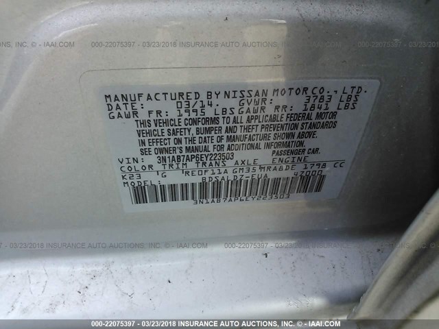 3N1AB7AP6EY223503 - 2014 NISSAN SENTRA S/SV/SR/SL SILVER photo 9