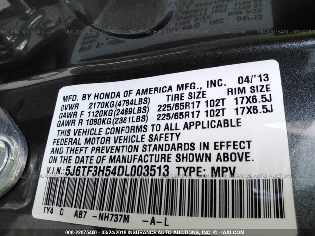 5J6TF3H54DL003513 - 2013 HONDA CROSSTOUR EXL ნაცრისფერი ფოტო 9
