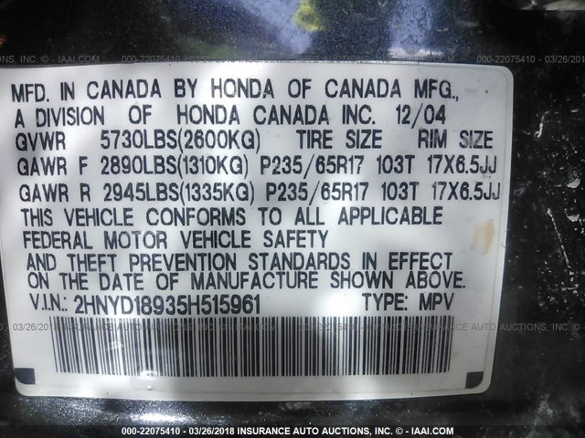 2HNYD18935H515961 - 2005 ACURA MDX TOURING GRAY photo 9