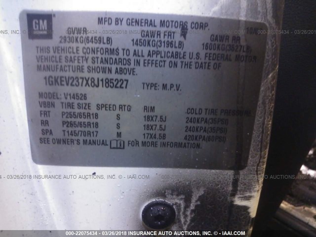 1GKEV237X8J185227 - 2008 GMC ACADIA SLT-1 Weiß Foto 9