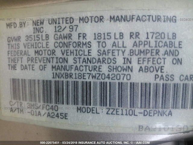 1NXBR18E7WZ042070 - 1998 TOYOTA COROLLA VE/CE/LE 金色 照片 9