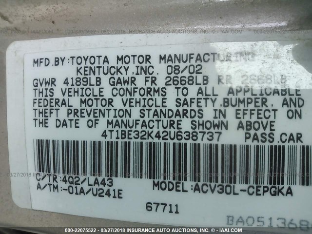 4T1BE32K42U638737 - 2002 TOYOTA CAMRY LE/XLE/SE ოქროსფერი ფოტო 9