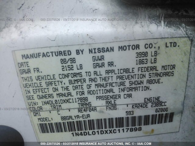 1N4DL01DXXC117898 - 1999 NISSAN ALTIMA XE/GXE/SE/GLE WHITE photo 9