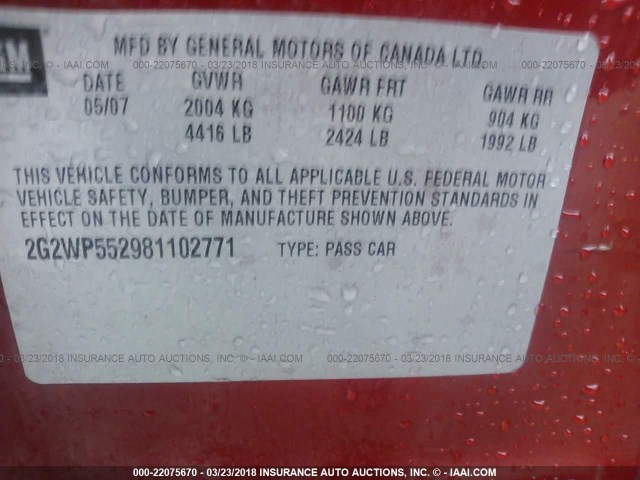 2G2WP552981102771 - 2008 PONTIAC GRAND PRIX RED photo 9