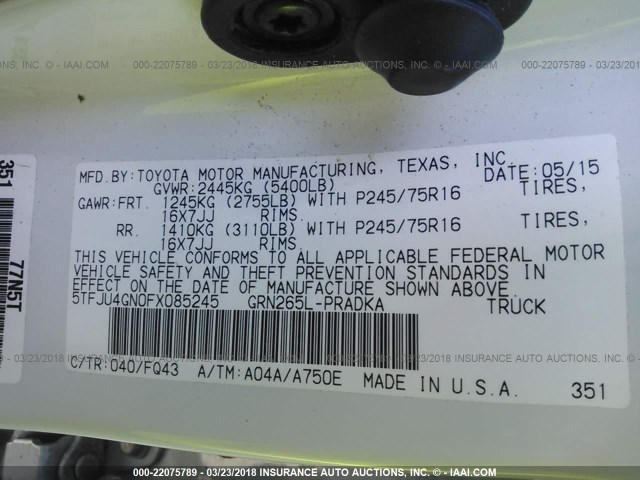 5TFJU4GN0FX085245 - 2015 TOYOTA TACOMA DOUBLE CAB PRERUNNER WHITE photo 9