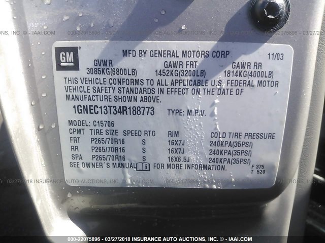 1GNEC13T34R188773 - 2004 CHEVROLET TAHOE C1500 GRAY photo 9