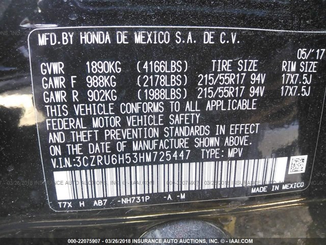 3CZRU6H53HM725447 - 2017 HONDA HR-V EX BLACK photo 9