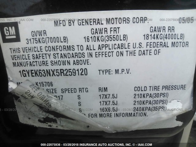 1GYEK63NX5R259120 - 2005 CADILLAC ESCALADE LUXURY Qara foto 9