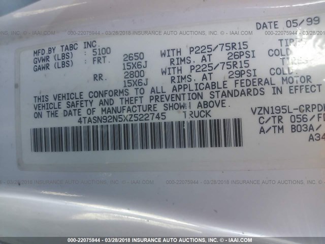 4TASN92N5XZ522745 - 1999 TOYOTA TACOMA XTRACAB PRERUNNER თეთრი ფოტო 9