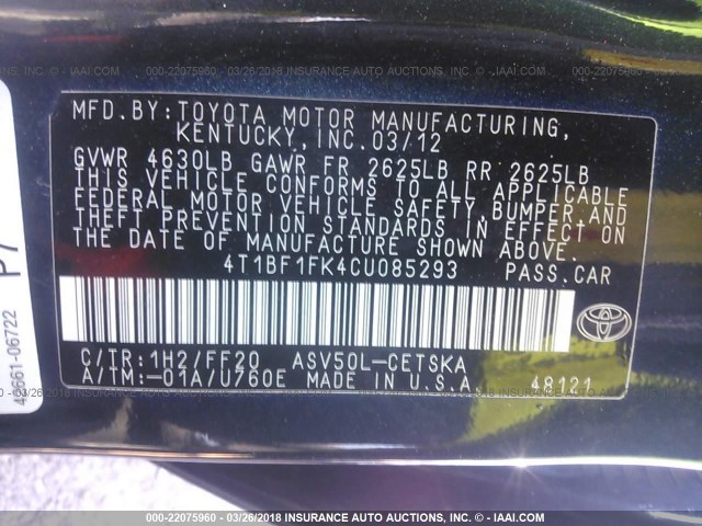 4T1BF1FK4CU085293 - 2012 TOYOTA CAMRY SE/LE/XLE Черный фото 9