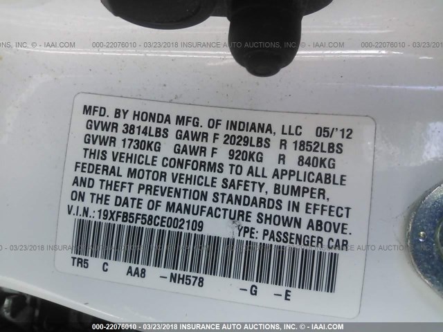 19XFB5F58CE002109 - 2012 HONDA CIVIC NATURAL GAS GRAY photo 9