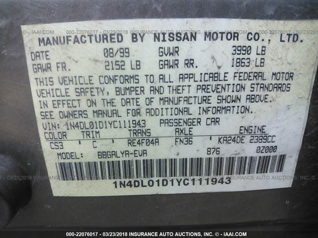 1N4DL01D1YC111943 - 2000 NISSAN ALTIMA XE/GXE/SE/GLE TAN photo 9