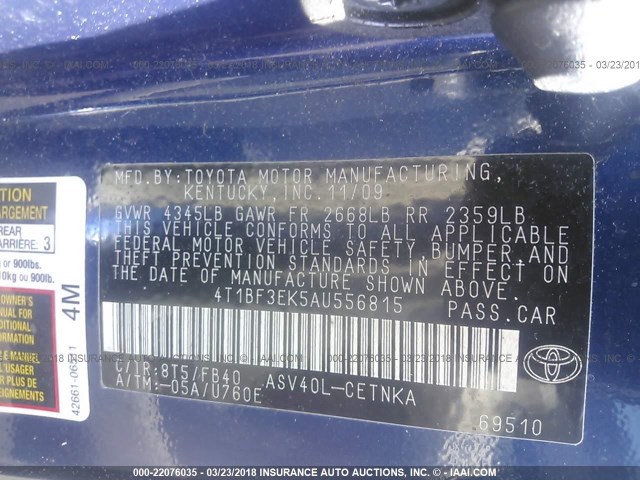 4T1BF3EK5AU556815 - 2010 TOYOTA CAMRY SE/LE/XLE BLUE photo 9