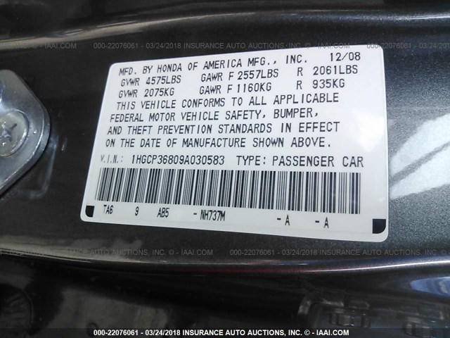 1HGCP36809A030583 - 2009 HONDA ACCORD EXL GRAY photo 9