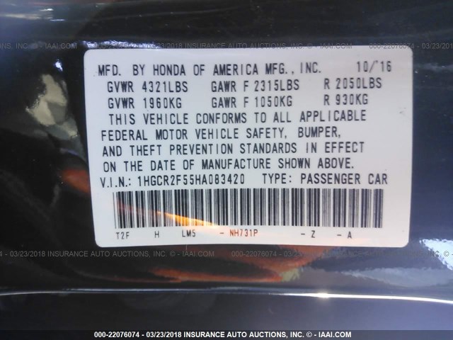 1HGCR2F55HA083420 - 2017 HONDA ACCORD SPORT შავი ფოტო 9