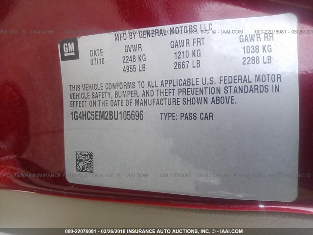 1G4HC5EM2BU105696 - 2011 BUICK LUCERNE CXL RED photo 9